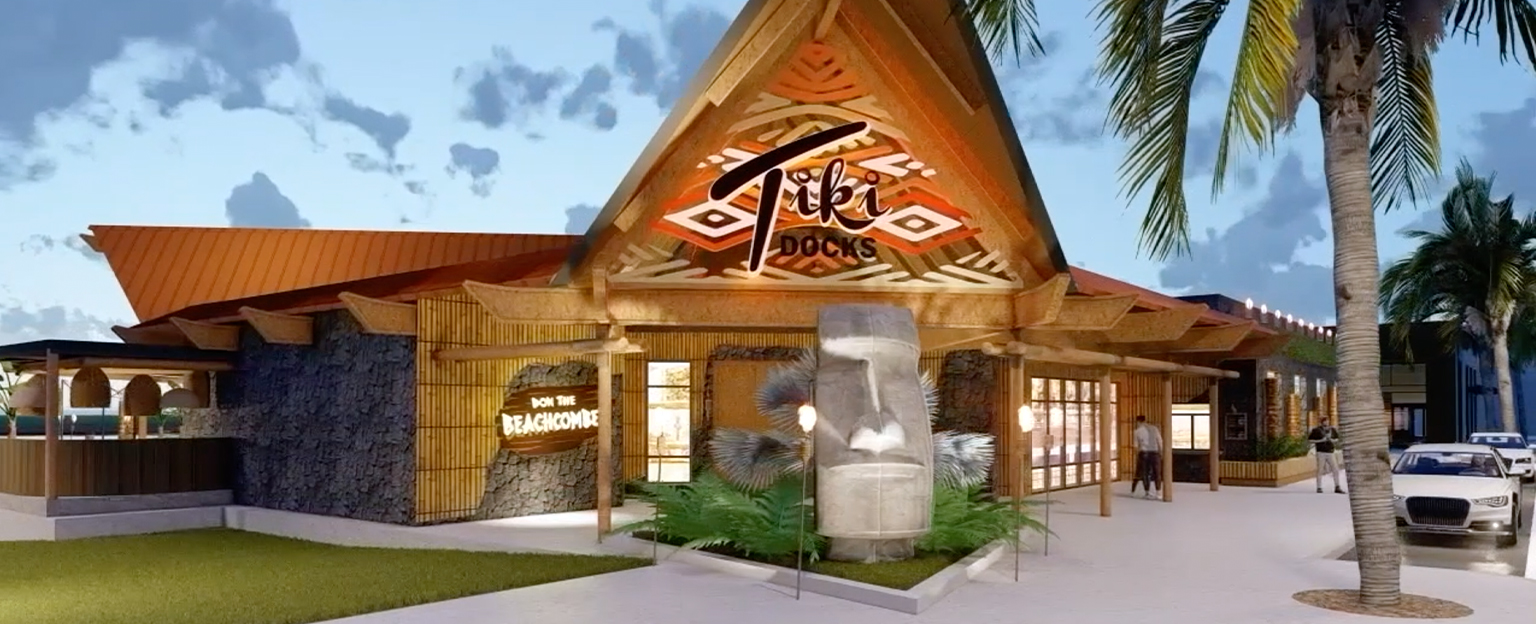 Front of tiki restaurant, Tiki Doks