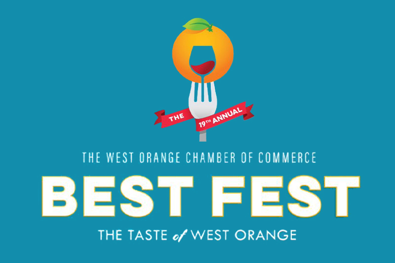 Logo for the 19th Annual Best Fest, hosted by the West Orange Chamber of Commerce, featuring a stylized orange with a leaf on top, a fork in the center, and a wine glass below, all against a teal background. The event is tagged as "The Taste of West Orange" with bold lettering for "BEST FEST". A red ribbon across the fork states "The 19th Annual".