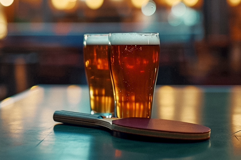 Two full pint glasses of amber-colored beer on a table with a table tennis paddle, suggesting a casual and social atmosphere, likely at a bar or pub setting.