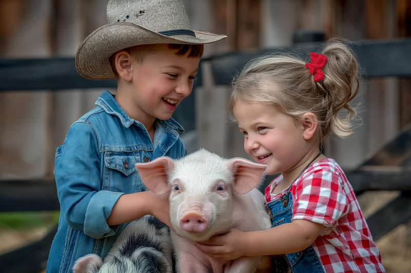 A young boy in a denim shirt and cowboy hat and a young girl in a red and white checkered shirt are smiling as they hold and pet a small pink piglet in front of a wooden farm fence.