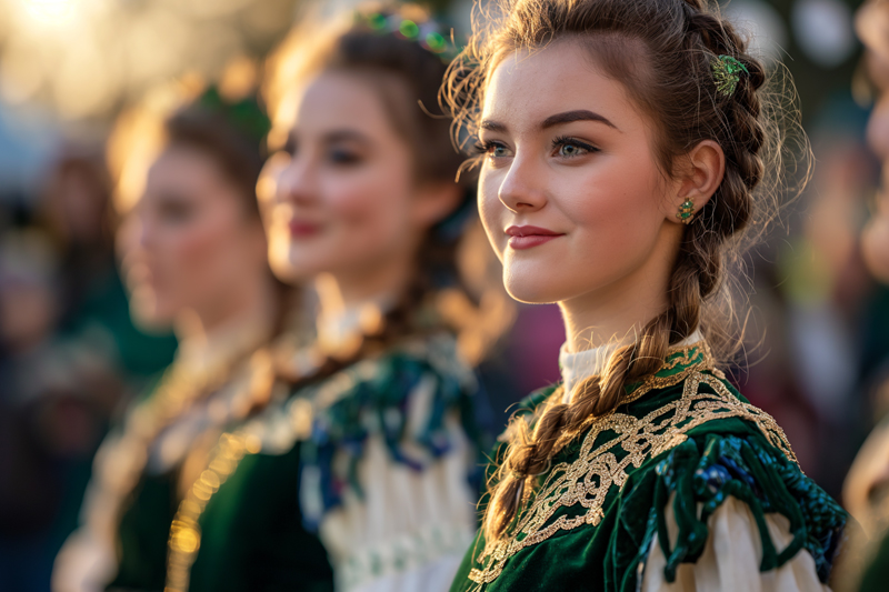 A group of young women in traditional Irish dance costumes with green and white colors and gold Celtic embroidery, performing at a St. Patrick's Day event at Hamlin. The woman in the foreground has a braided hairstyle adorned with small green shamrocks, and she is smiling gently as she looks off to the side.