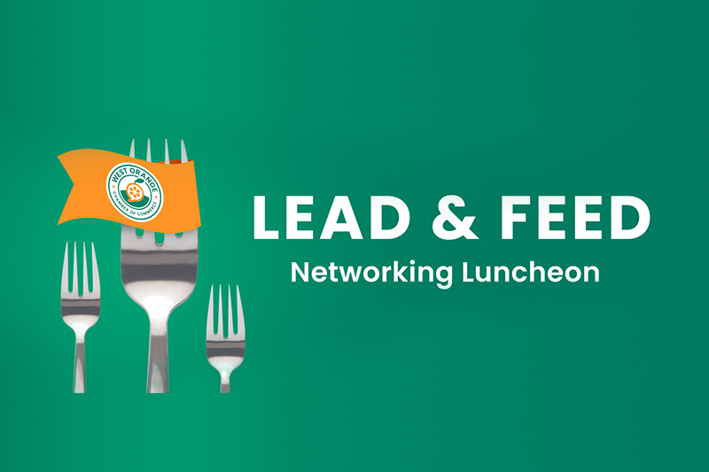 The image presents a graphic for a networking event titled "LEAD & FEED Networking Luncheon." The background is a solid green, and the text is white, capitalized, and centered for high contrast and easy readability. To the left, there are three silver forks with the middle one slightly larger than the other two. Above the forks, there's a small orange pennant banner with the "Best of Orlando" logo, which includes a symbol of a plate with utensils and a green laurel wreath around it. The design is simple and clear, focusing on the networking opportunity the luncheon presents.