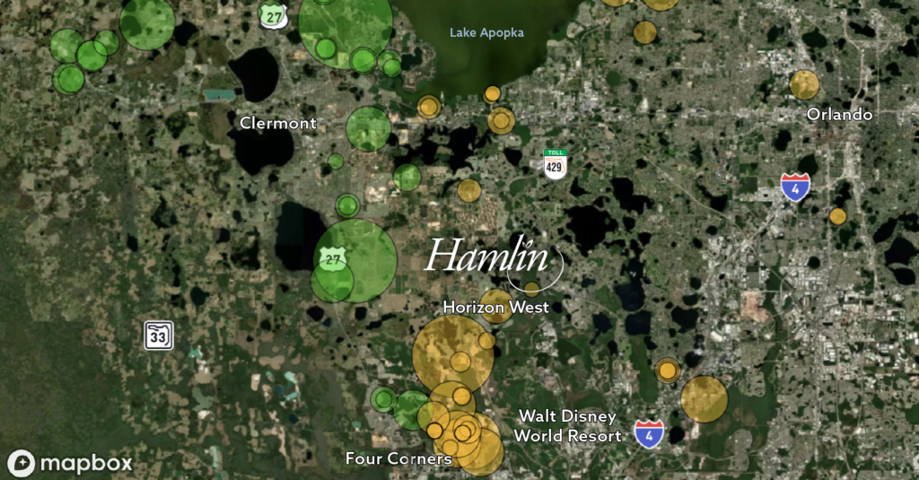 A satellite map showing the Hamlin area in Florida, highlighting housing growth with colored circles. Green circles represent areas around Clermont and Lake Apopka, while yellow circles indicate growth near Walt Disney World Resort and Horizon West. Major roads like Interstate 4 and Toll 429 are visible, with the Hamlin area prominently labeled in the center of the map.