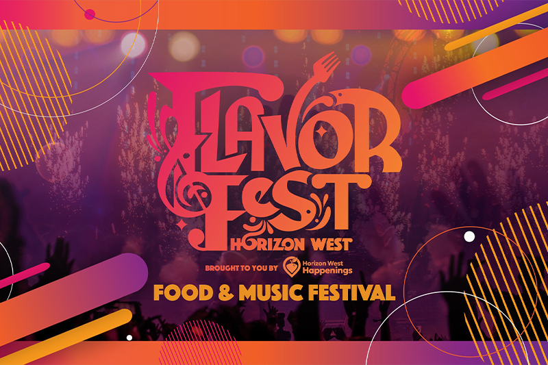 Promotional image for "Flavor Fest Horizon West," a food and music festival brought to you by Horizon West Happenings. The design features the event title in large, bold orange and pink letters, with decorative elements such as musical notes and utensils integrated into the lettering. The background is a vibrant mix of purple, orange, and pink hues with abstract circular patterns and silhouettes of a cheering crowd. The text at the bottom reads "Food & Music Festival."