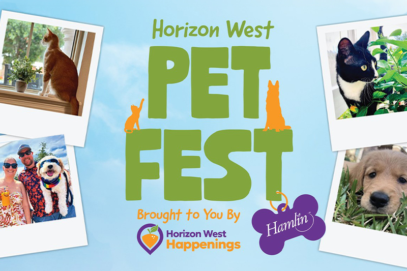 Promotional image for "Horizon West Pet Fest" brought to you by Horizon West Happenings and Hamlin. The design features the event title in large green letters with silhouettes of a cat and dog. Surrounding the title are four polaroid-style photos of pets: a cat sitting on a windowsill, a dog with its owners, a black-and-white cat by a plant, and a puppy lying in the grass. The background is a light blue sky with clouds.