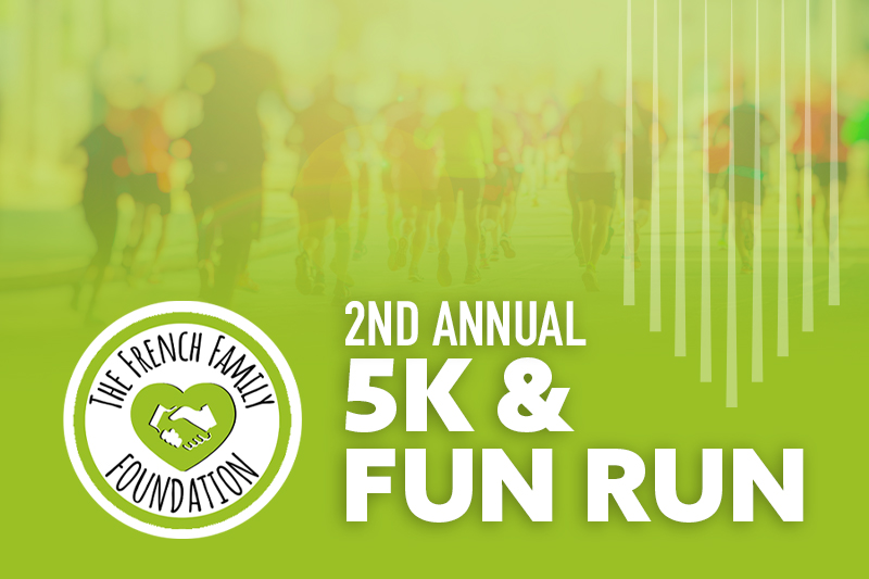 Promotional image for the "2nd Annual 5K & Fun Run" organized by The French Family Foundation. The design features a background image of runners in motion, blurred and overlaid with a green tint. On the left side, there is a circular logo for The French Family Foundation, featuring two hands shaking inside a green heart. The event title "2nd Annual 5K & Fun Run" is prominently displayed in bold white text on the right side of the image.