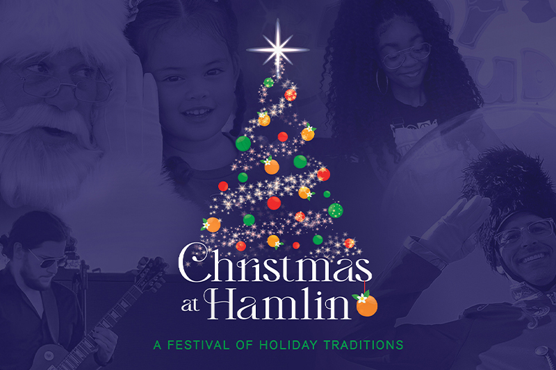 Promotional image for "Christmas at Hamlin: A Festival of Holiday Traditions." The design features a stylized Christmas tree decorated with green and red ornaments and oranges, along with twinkling lights. At the top of the tree is a glowing star. The title "Christmas at Hamlin" is displayed below the tree, with an orange ornament hanging from the "s" in Christmas, tying in the event's Florida location. The tagline reads "A Festival of Holiday Traditions" in green text beneath the title. The background includes faint images of Santa Claus, a child smiling, a musician playing guitar, and performers to evoke the event's festive atmosphere.