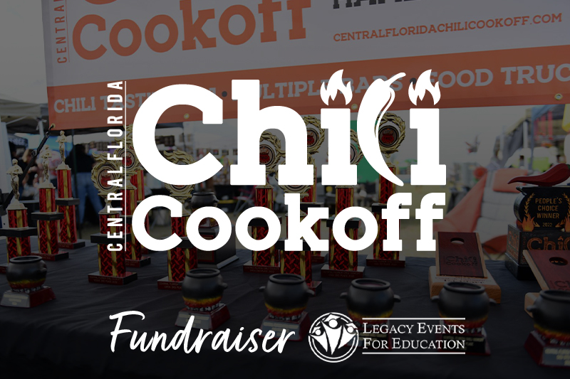 Promotional graphic for the Central Florida Chili Cookoff fundraiser, showing chili trophies and awards on tables beneath a large event banner, with ‘Chili Cookoff’ and ‘Fundraiser’ text prominently displayed.