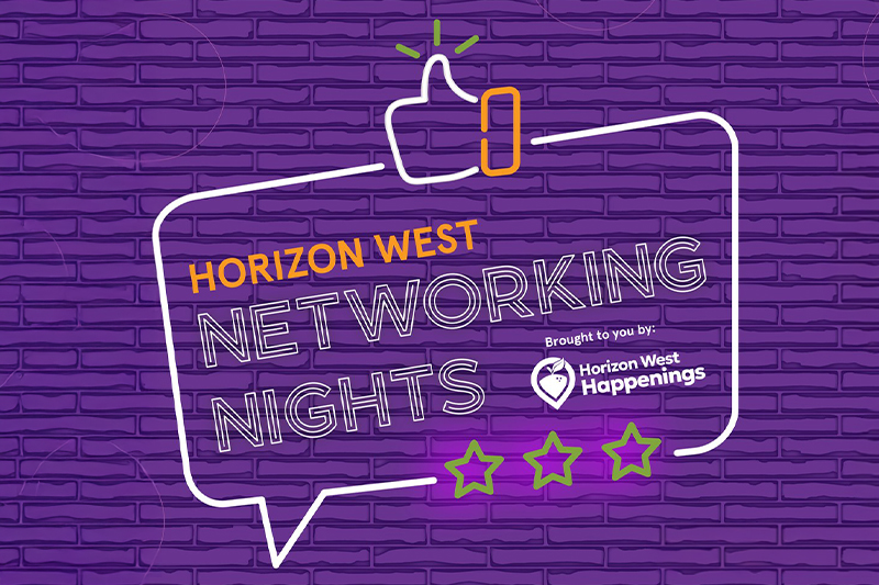 Promotional graphic for Horizon West Networking Nights featuring a purple brick background, a speech bubble outline, and text reading ‘Horizon West Networking Nights,’ brought to you by Horizon West Happenings.