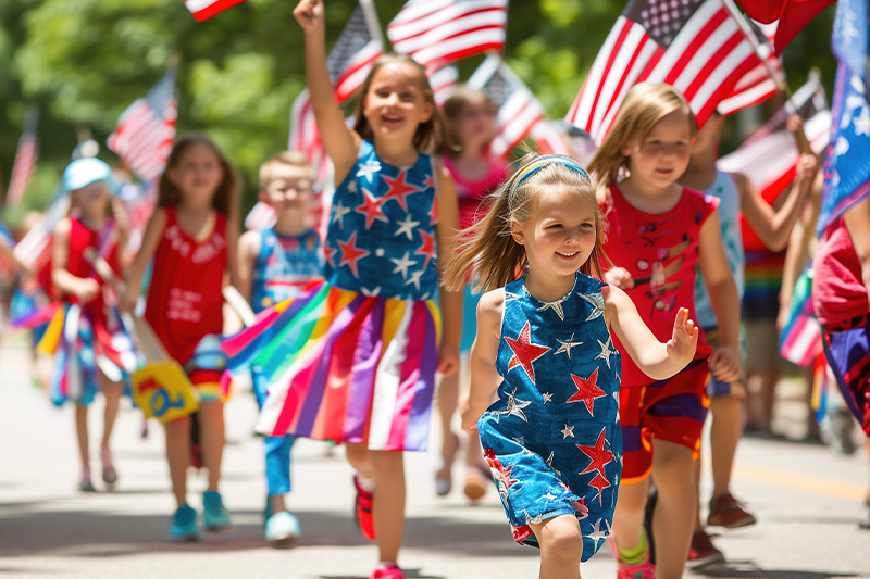 A group of young children joyfully running down a tree-lined street during a daytime parade. Several children wear patriotic red, white, and blue star-printed outfits and wave American flags. The scene is bright and energetic, evoking a community Fourth of July celebration.